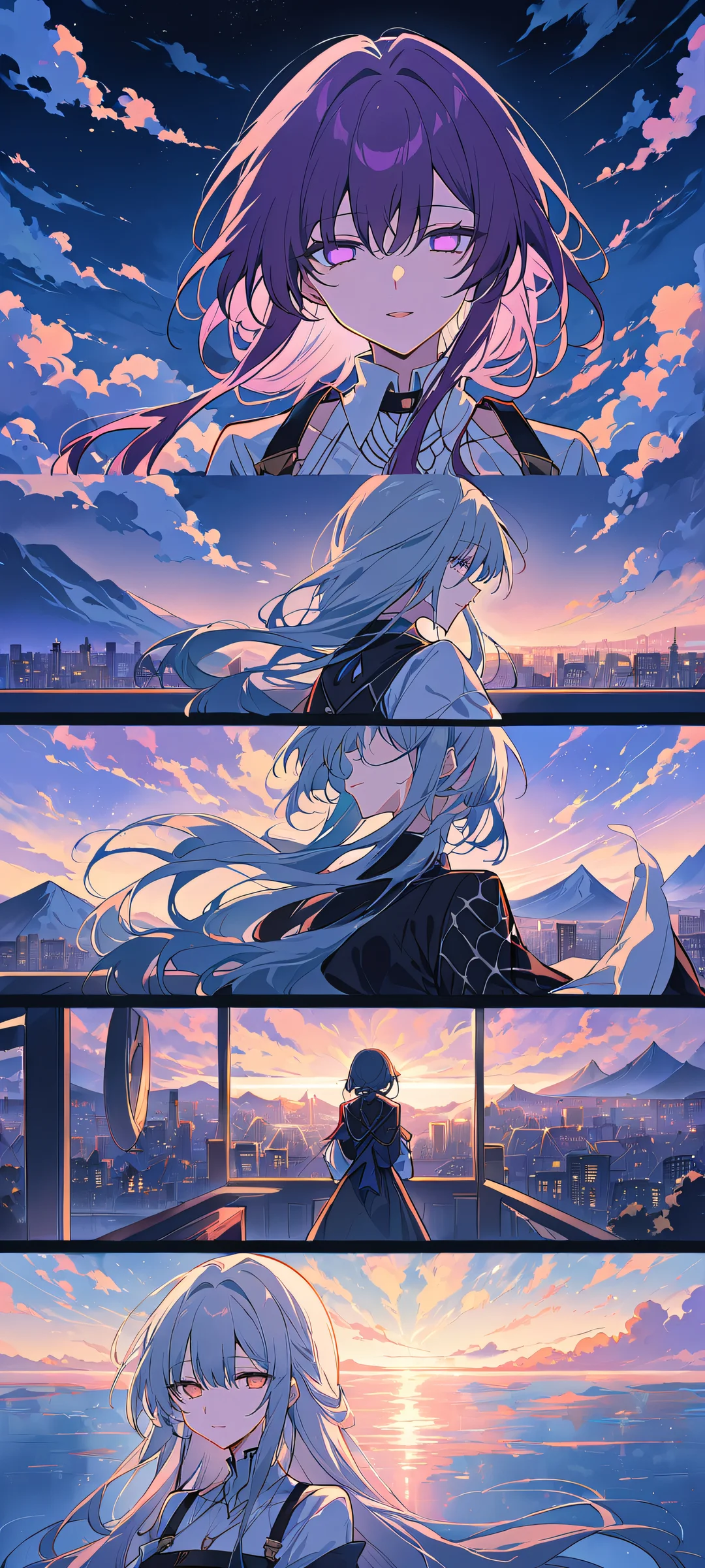 A serene winter evening scene with Kafka from Honkai: Star Rail, perfectly set against a vast, pure void of the sky on a cityscape with mountains and clouds in the distance, iPhone/Androidのホーム画面に最適.