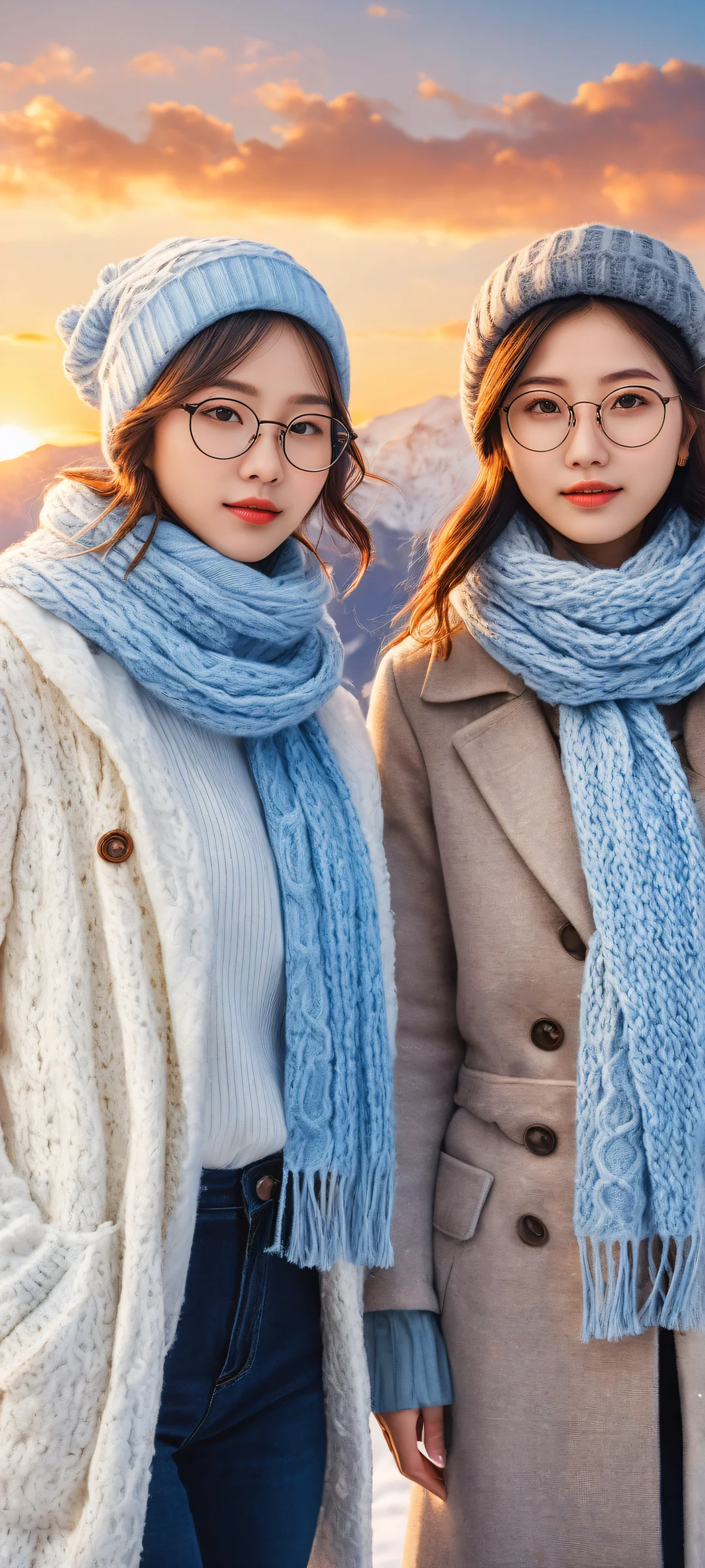 A serene winter scene featuring two anime girls in the foreground, with a breathtaking sunset landscape and city lights on the horizon, iPhone/Androidのホーム画面に最適.