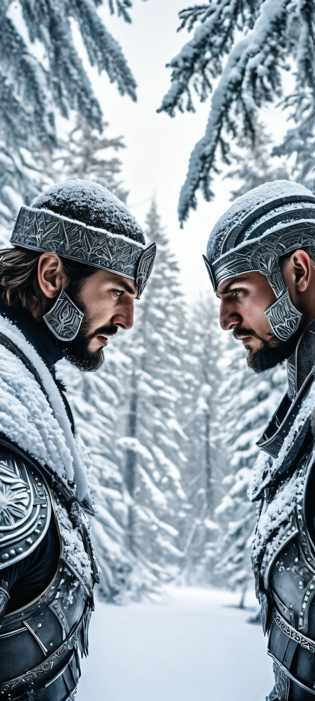 Winter's Mystic Encounter iPhone & Samsung QHD Wallpaper Two men face off against a serene winter temple and snow-covered trees, perfectly optimized for iPhone/Android home screens.