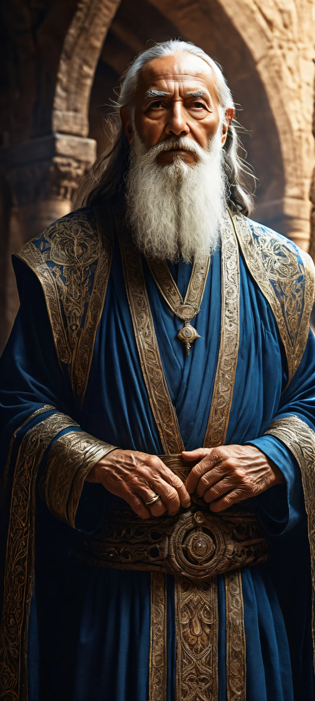 An elderly mage sits in an ancient dungeon, radiating wisdom and experience on iPhone/Android home screens.