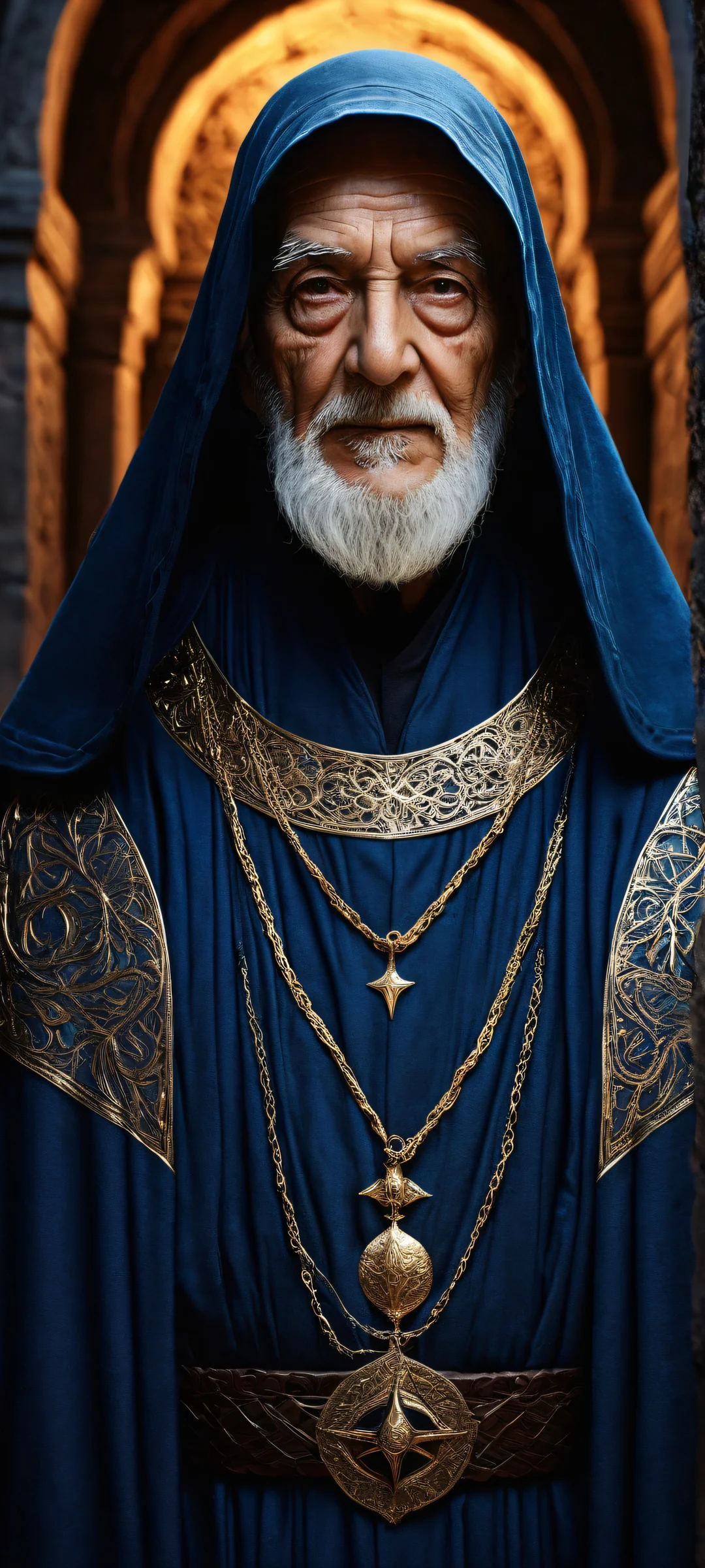 An elderly mage in ornate dark blue robes, partially obscured by his hood. Perfectly clean top half with vast pure void, surrounded by ancient dungeon walls. For iPhone/Android home screens.