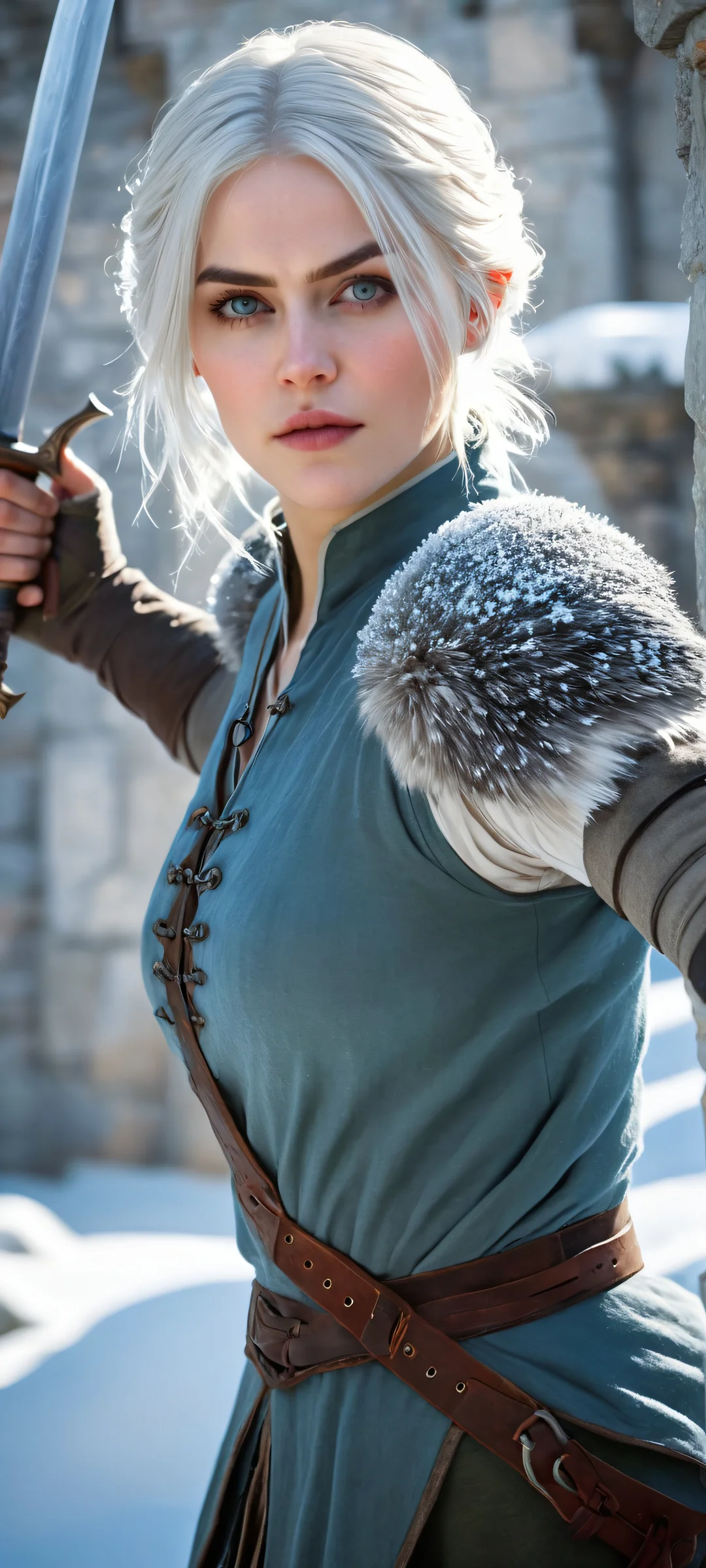 Young witcher trainee Cirilla Fiona Elen Riannon practicing sword form in the snow-covered courtyard of Kaer Morhen, iPhone/Android
