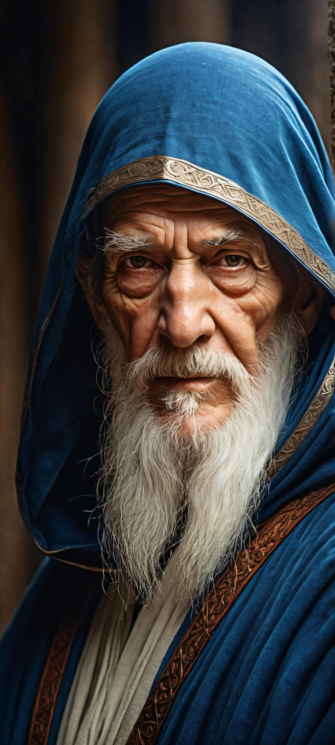 An elderly mage standing at the entrance of a mystical dungeon on an iPhone or Android device, with subtle magical energy radiating from their staff and robes.