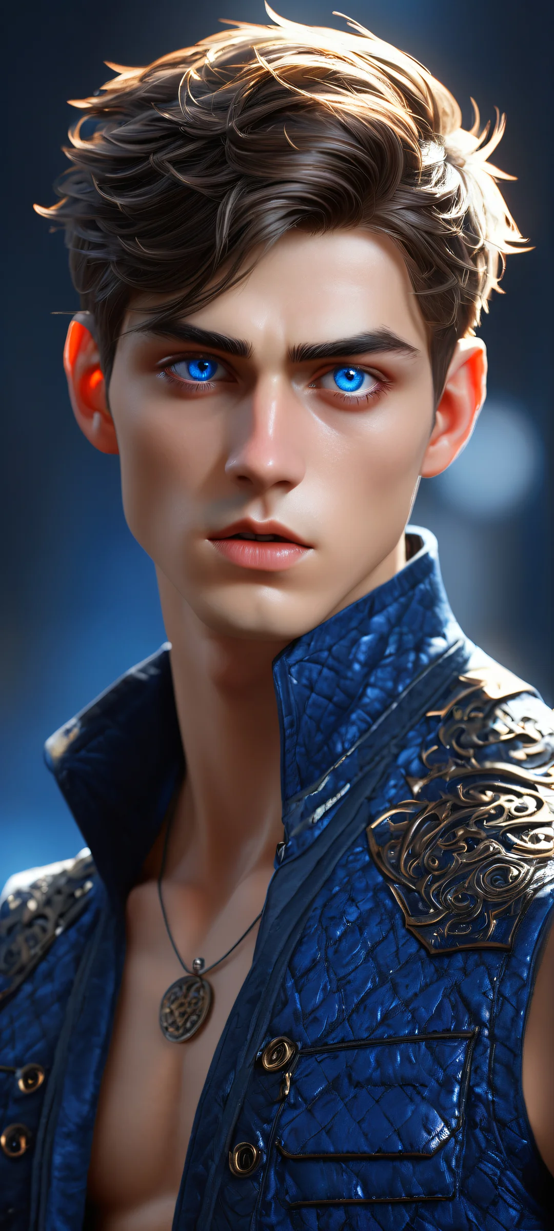 Beautiful digital artwork of Wolf Boy, iPhone/Android compatible, with intricate details and piercing blue eyes against a vast dark blue background.