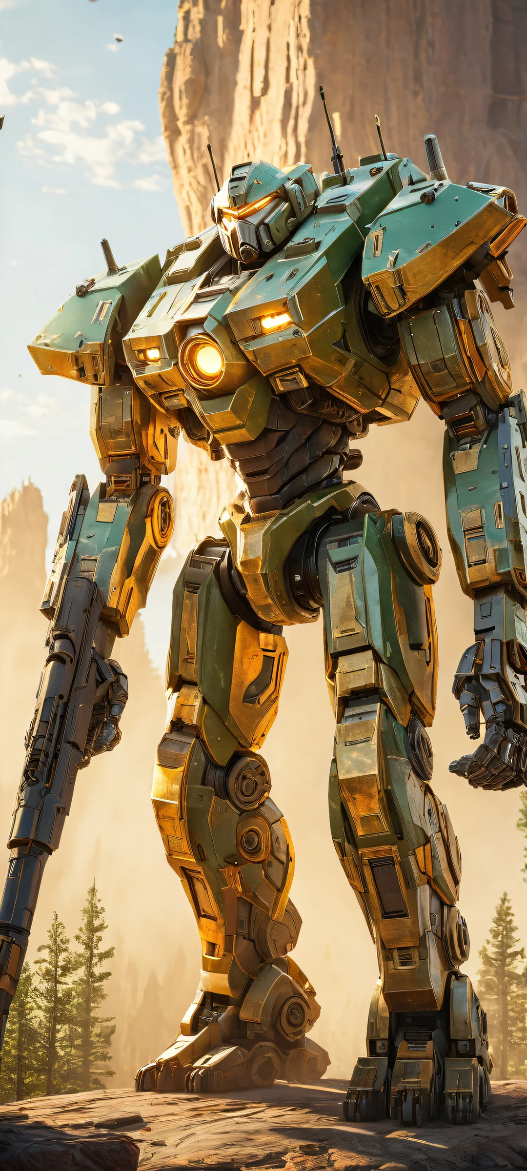 A stunning portrait of a Timber Wolf Battlemech placed in the lower-middle, surrounded by an empty void and a breathtaking 16:9 landscape, perfekt optimiert für das iPhone, Samsung Galaxy, und Android-Startbildschirme.