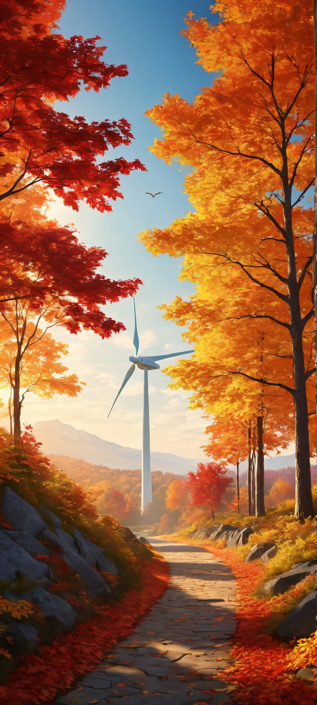 iPhone/Android portrait of Worm amidst autumn maple grove with crimson canopy and slow crowds of passers-by, showcasing intricate micro-details and ethereal lighting.