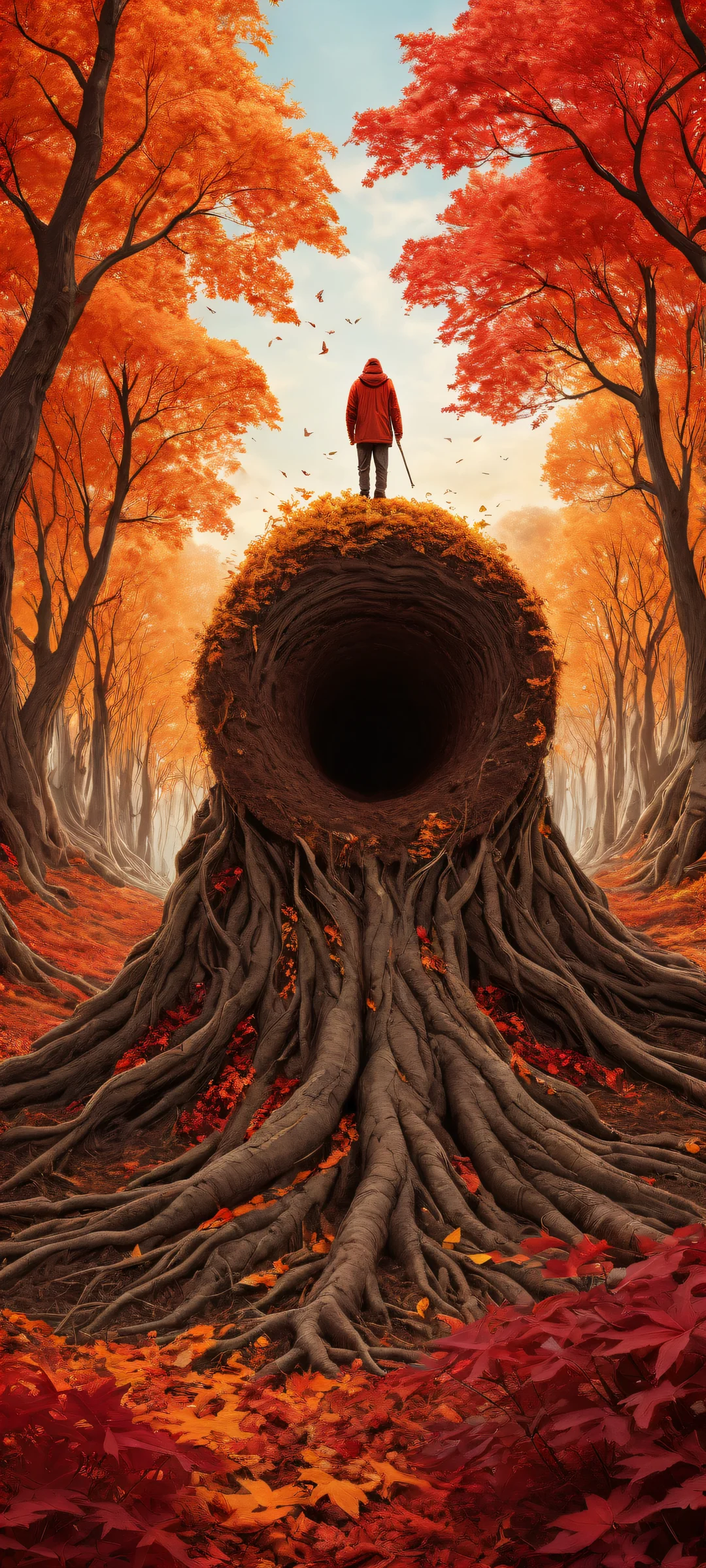 iPhone/Android wallpaper featuring a surreal worm portrait surrounded by autumnal hues and maple grove with crimson canopy, award-winning digital art.