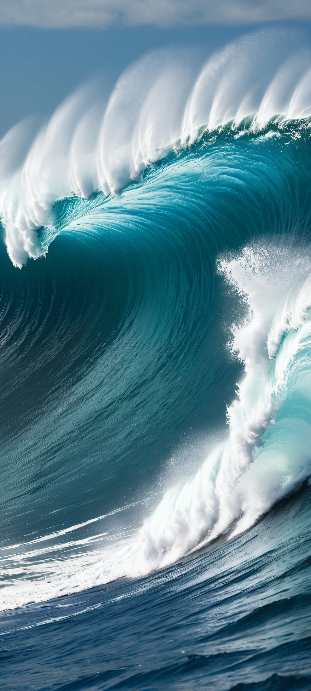 A majestic wave crashes in the lower-middle, perfectly clean and empty top half with vast pure void, allowing for a seamless UI integration and breathing space for widgets. iPhone/Android.