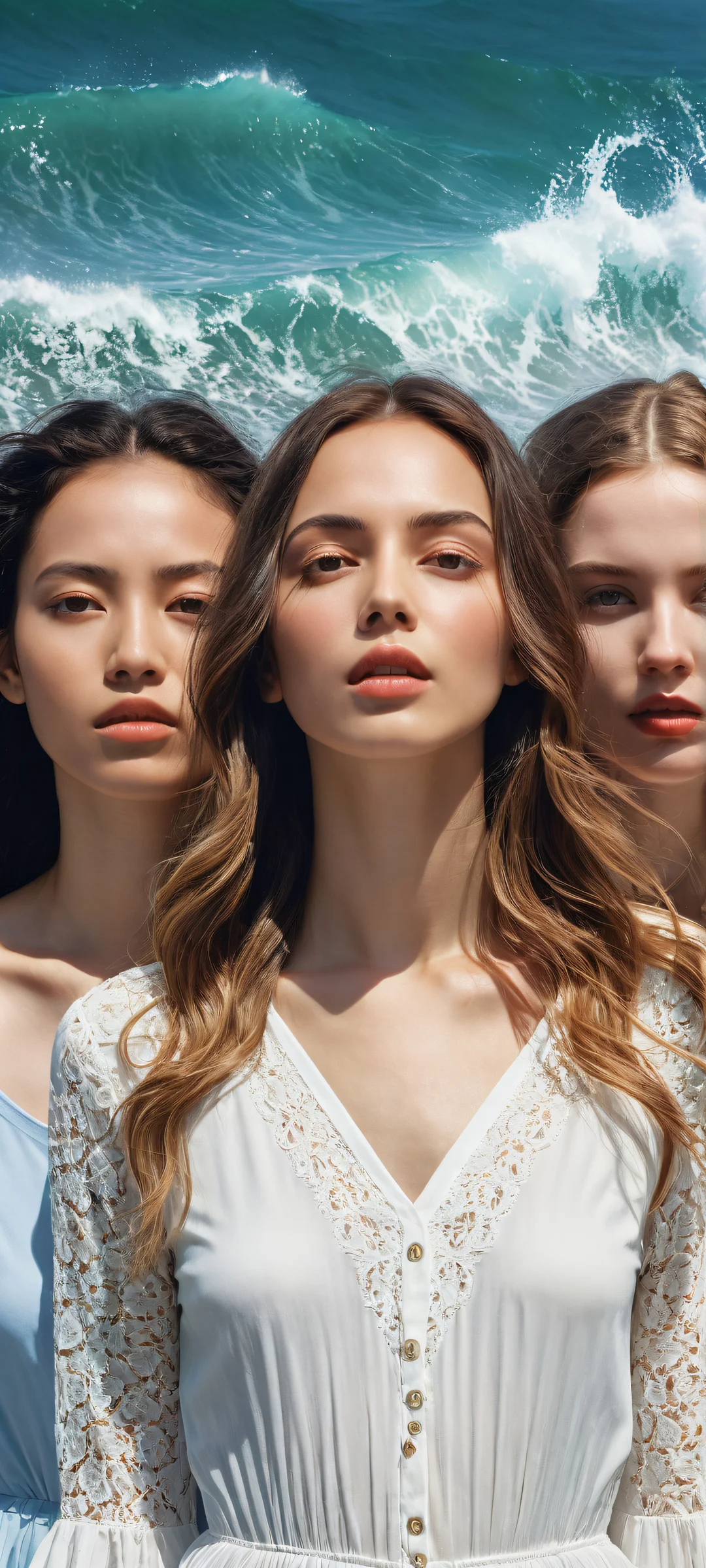 Three women with unique two-tone hairstyles standing in a serene landscape with wuthering waves, perfectly optimized for iPhone and Android home screens.