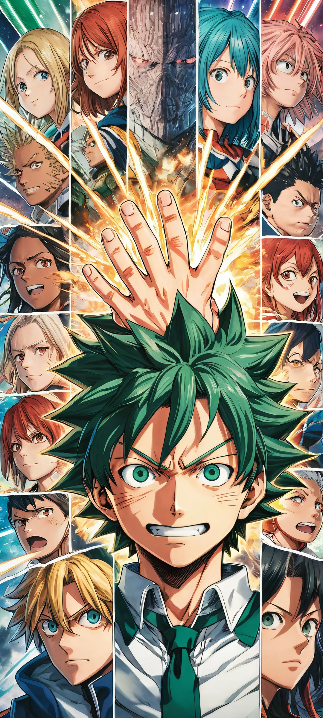 Iconic portrait of Yagi Toshinori's face surrounded by anime heroes from Boku no Hero Academia, perfect for iPhone and Android home screens.
