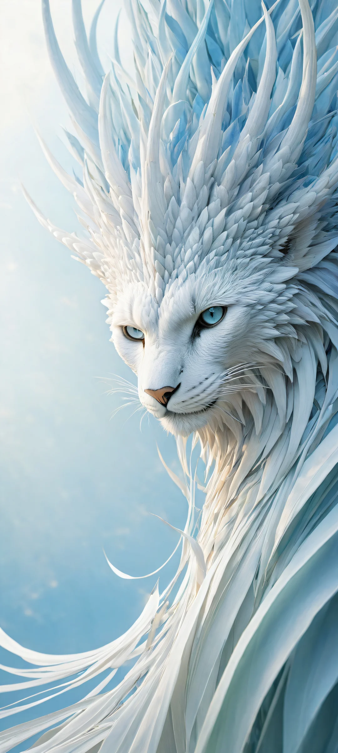 Majestic yalmyu creature with iPhone/Android landscape in the background, featuring intricate corn kuten patterns and ethereal lighting.