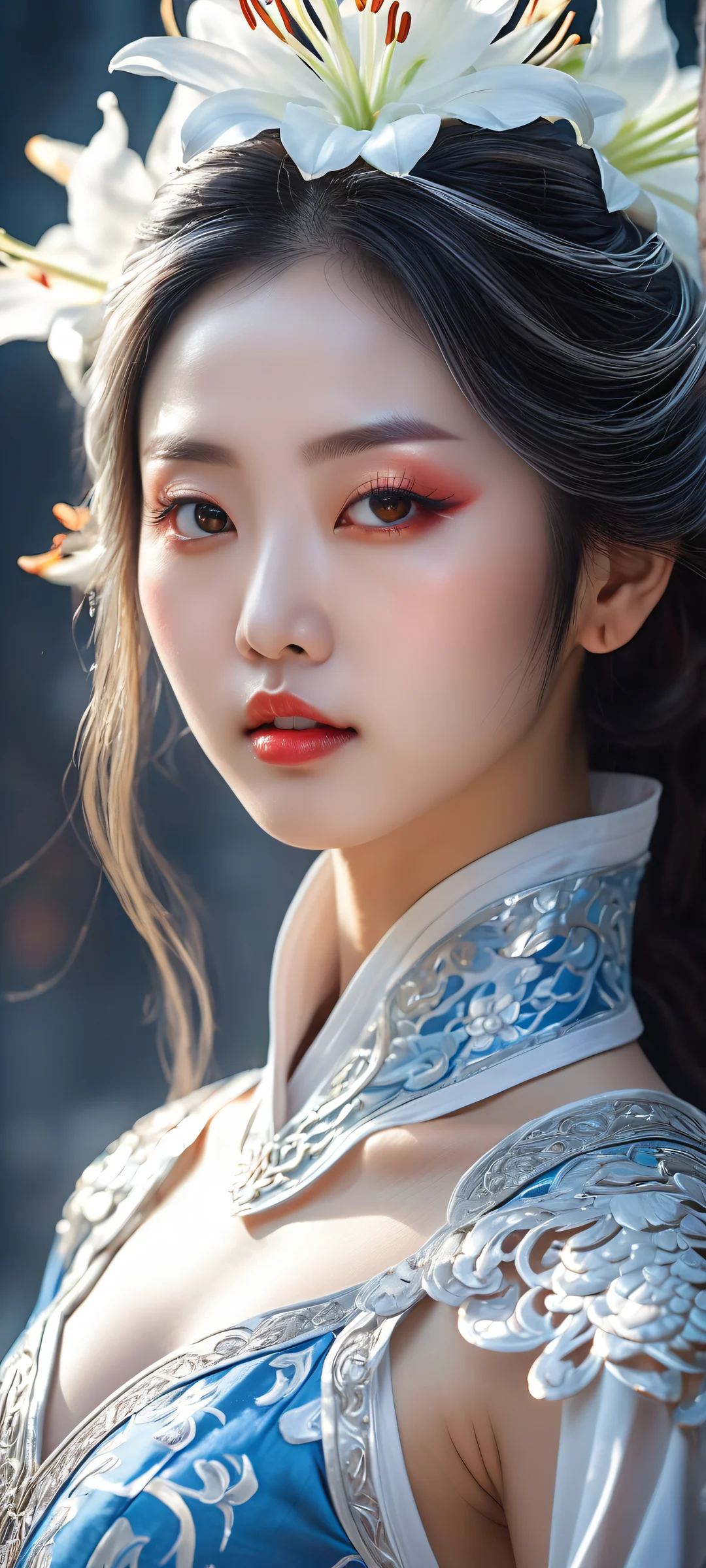 iPhone/Android compatible wallpaper featuring award-winning digital art of Yao Guang's Lilium725 cosplay costume, with mesmerizing long hair and captivating expressions.