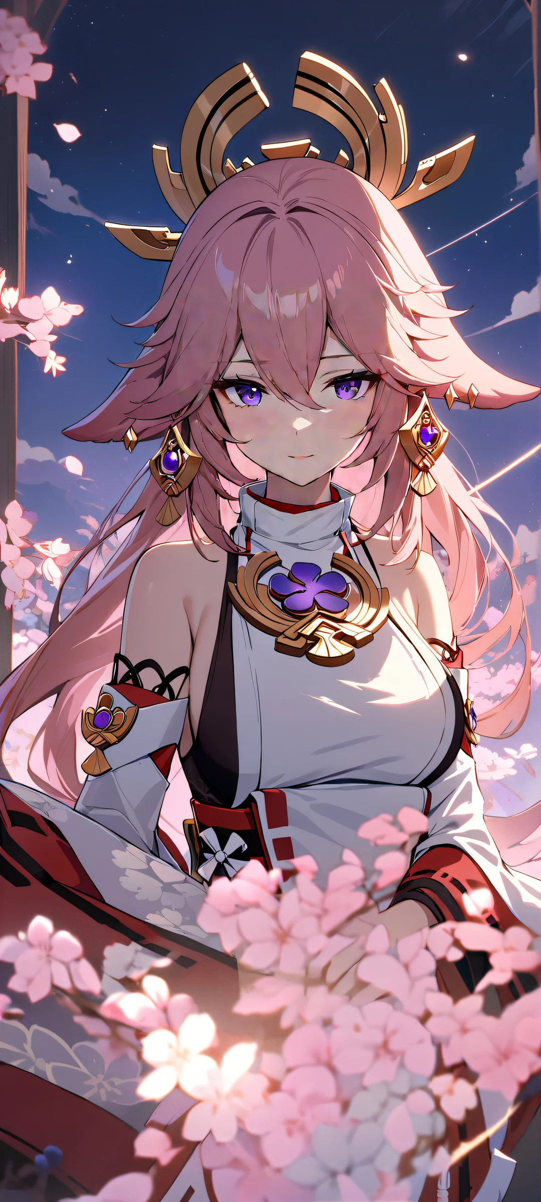 Beautiful portrait of Yae Miko from Genshin Impact looking at the viewer on an iPhone or Android device. Perfect for mobile home screens.