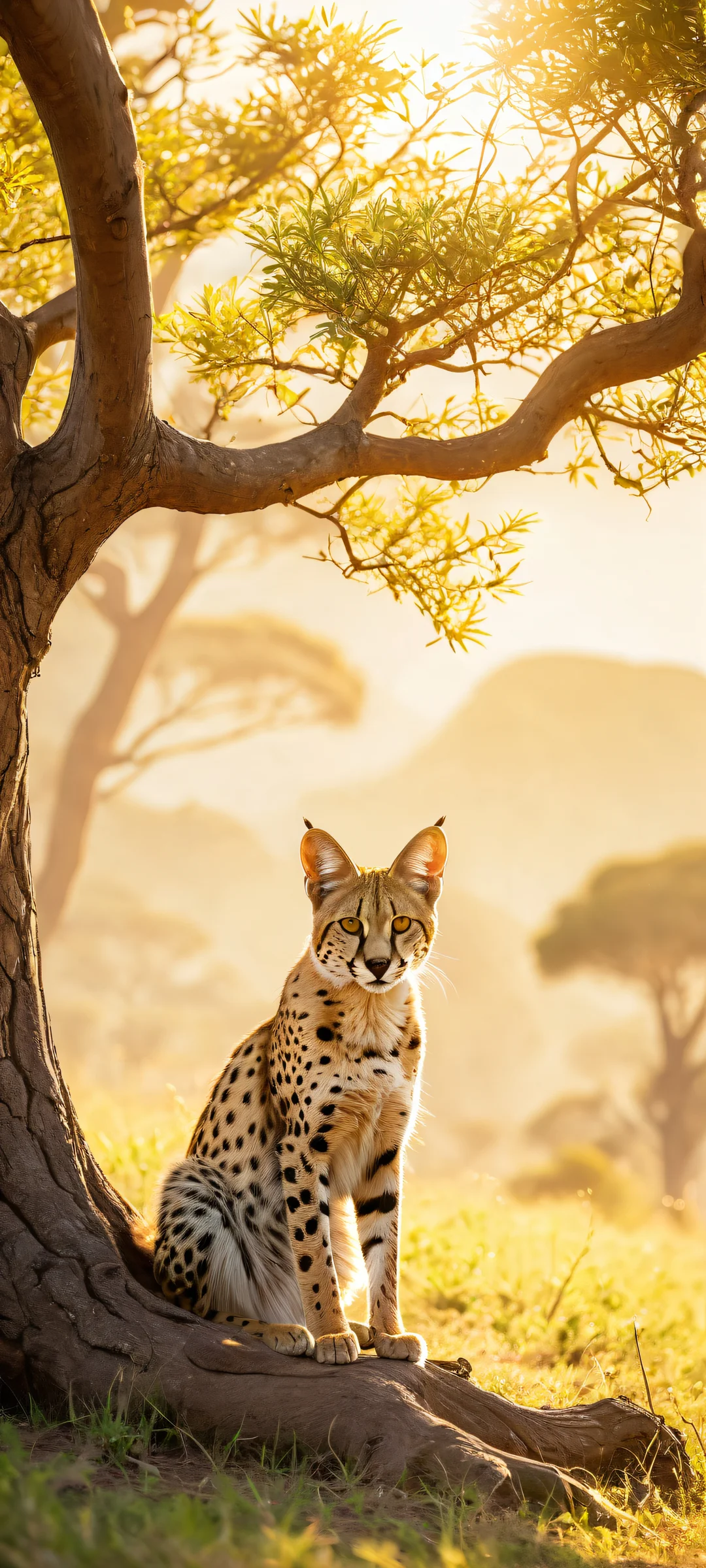 A majestic earth pony with serval ears sitting on a savannah under a tree, perfectly optimized for iPhone/Android home screens.