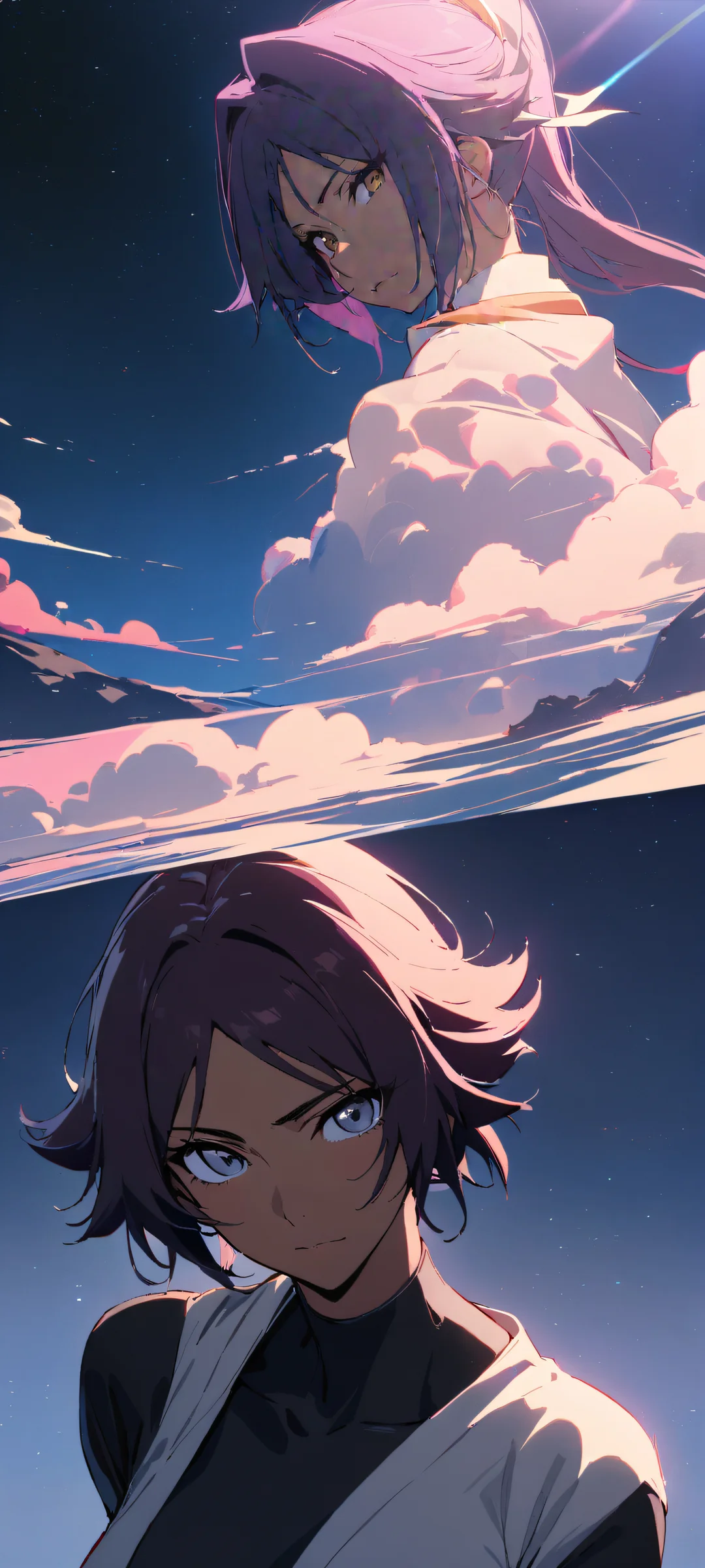 Beautiful portrait of Yoruichi Shihouin from Bleach, Perfectamente optimizado para pantallas de inicio de iPhone y Android., with a vast pure void blending seamlessly into an endless sky filled with gentle clouds.