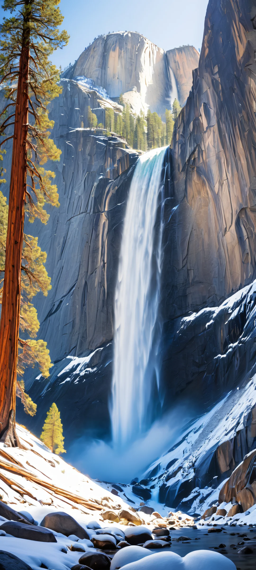 Yosemite's Ethereal Majesty 2K Phone WallpaperiPhone と Android のホーム画面に完全に最適化 A breathtaking vertical portrait artwork of a snowy waterfall surrounded by the majestic mountain chain and lush forest of Yosemite National Park, perfectly optimized for iPhone and Android home screens.