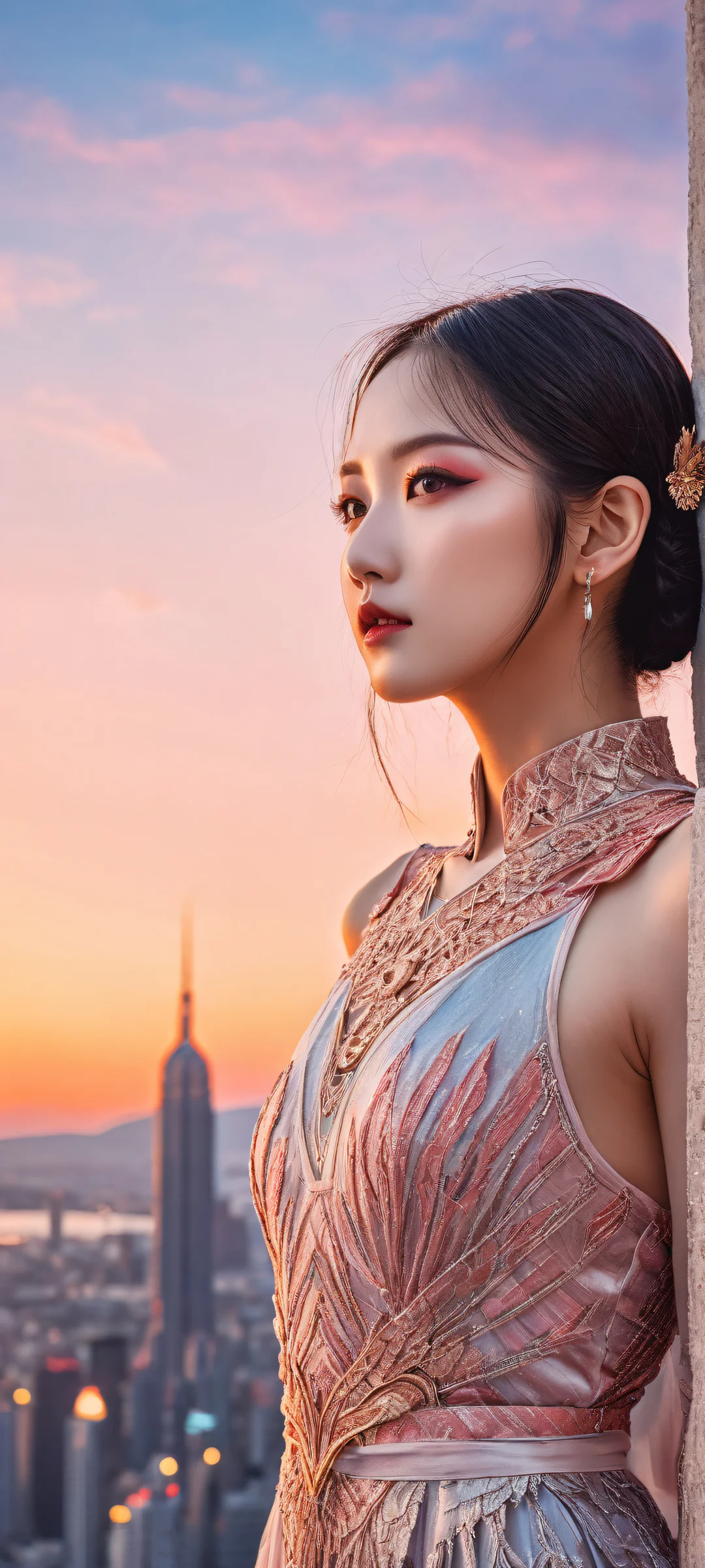 A breathtaking portrait of Yui from Babymetal, perfectly optimized for iPhone and Android home screens. The iconic singer is placed in the lower-middle with intricate details of her outfits and accessories, set against a stylized cityscape at sunset.