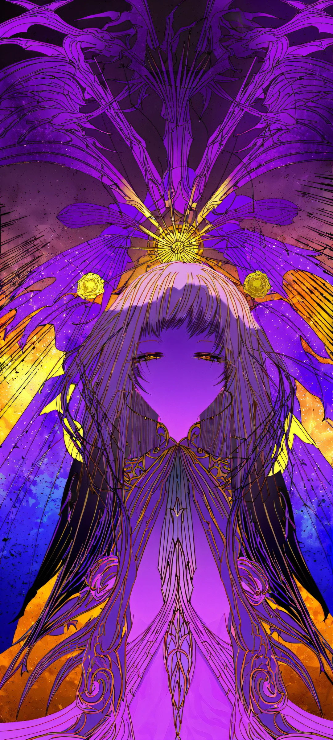 iPhone/Android Wallpaper: Yuzuriha of Keishu and Yamada Asaemon Sagiri in a stunning portrait composition, with radiant colors and ray-traced reflections.