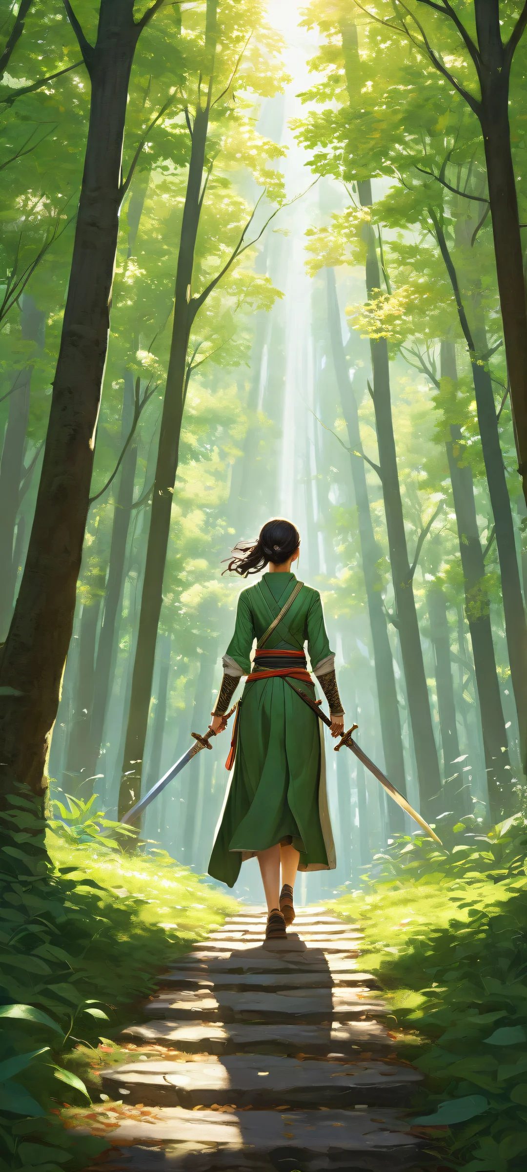 iPhone/Android portrait wallpaper of Zenin Maki walking in a serene environment, showcasing her sword-wielding skills and intricate details amidst lush greenery.