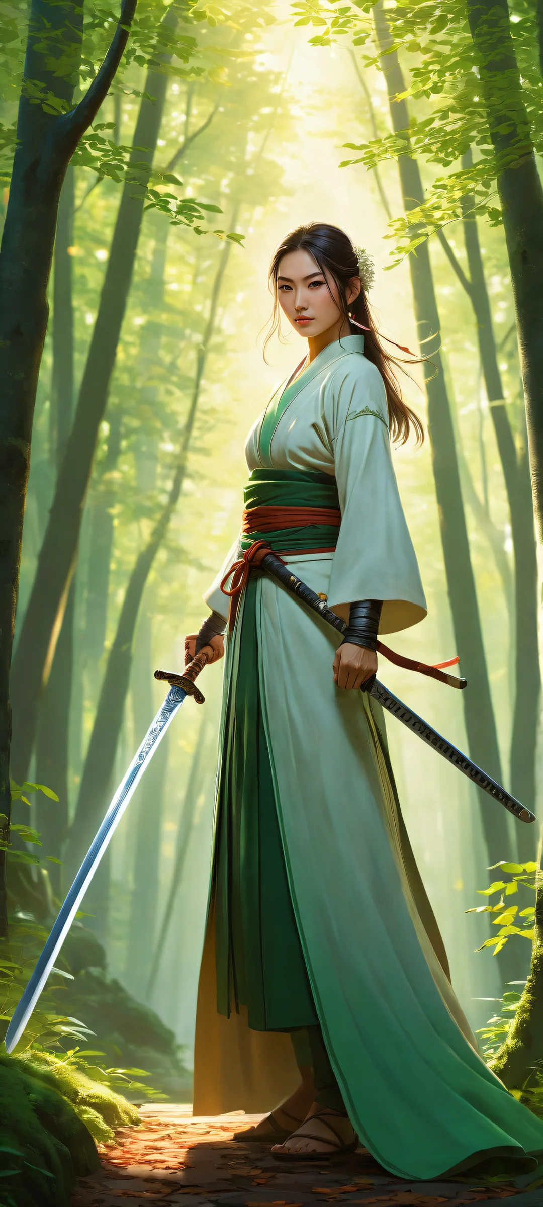 iPhone/Android users will be mesmerized by Zenin Maki's sword-wielding form amidst a serene forest path, with intricate micro-details and ray-traced reflections.